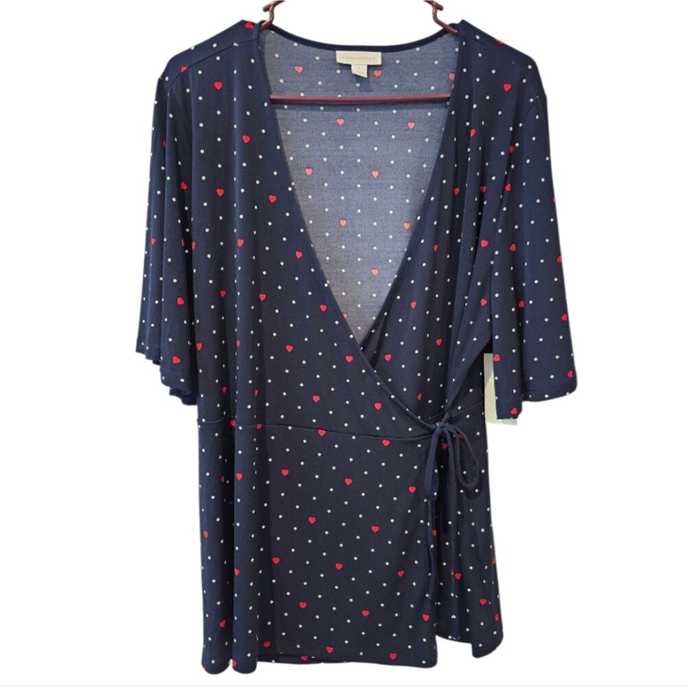 Charter Club Polka Dots & Red Hearts Women's Mock Wrap Navy Blouse Large